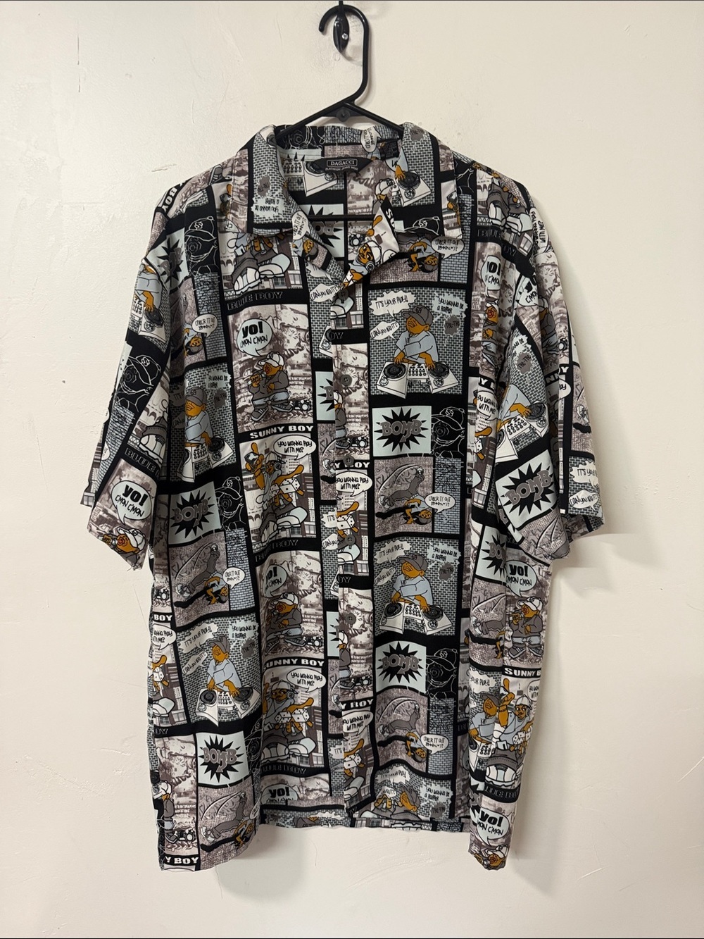 Casual Comic-Panel Button-Down Shirt - Black & Gray with Yellow Accents